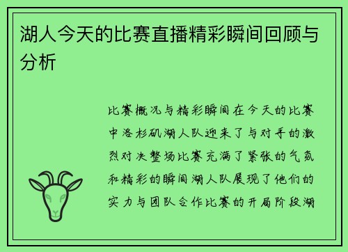 湖人今天的比赛直播精彩瞬间回顾与分析