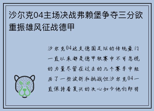 沙尔克04主场决战弗赖堡争夺三分欲重振雄风征战德甲